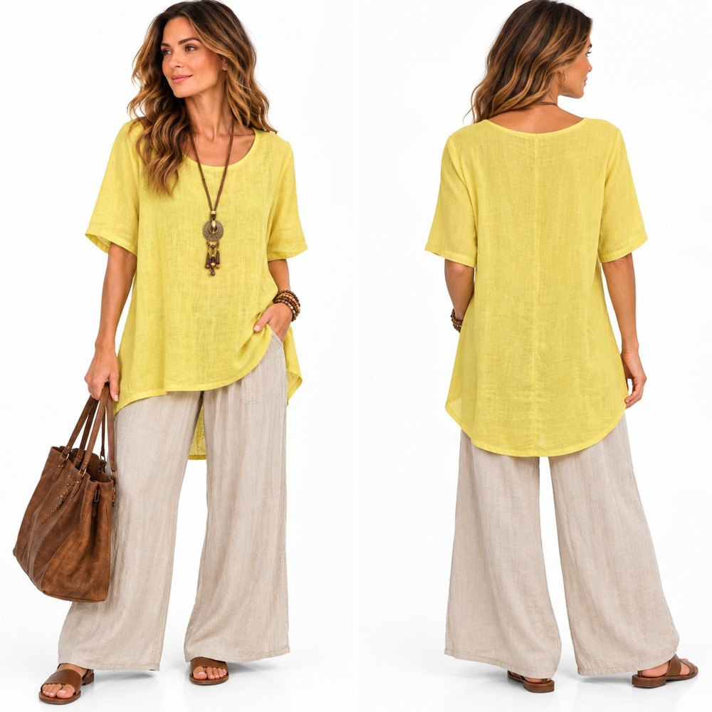 Bryn Walker Womens M Yellow 100% Linen High Low Tunic Oversized Lagenlook Boho